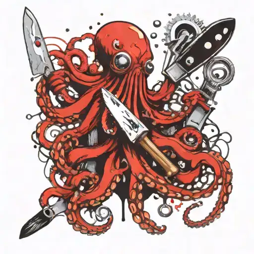 Octopus Holding Utensils And Knifes Looking Mechanical