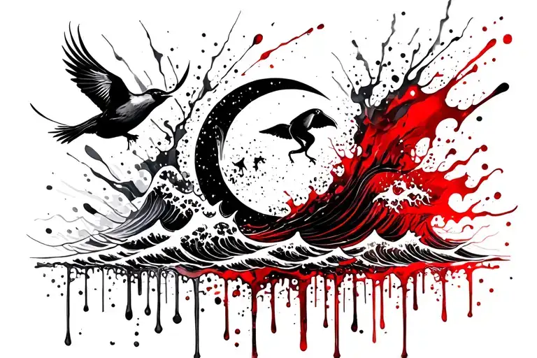 Waning Moon With Waves And Bird Flying