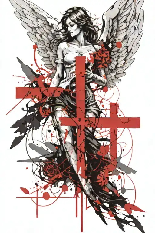 Angel With Open Wings In Front Of A Cross