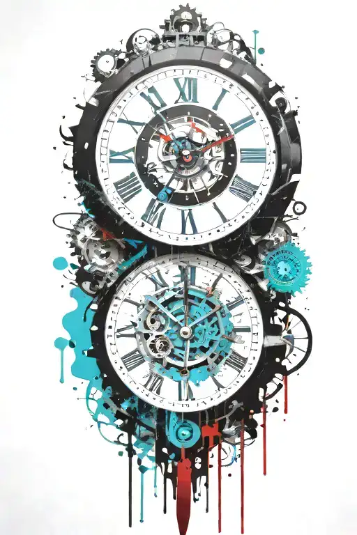Black And White Clock With Mechanism And Teal Stripe