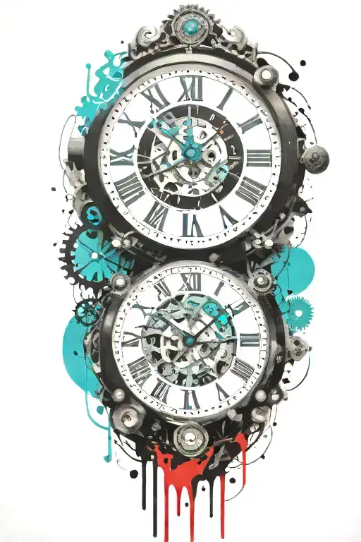 Black And White Clock With Mechanism And Teal Stripe