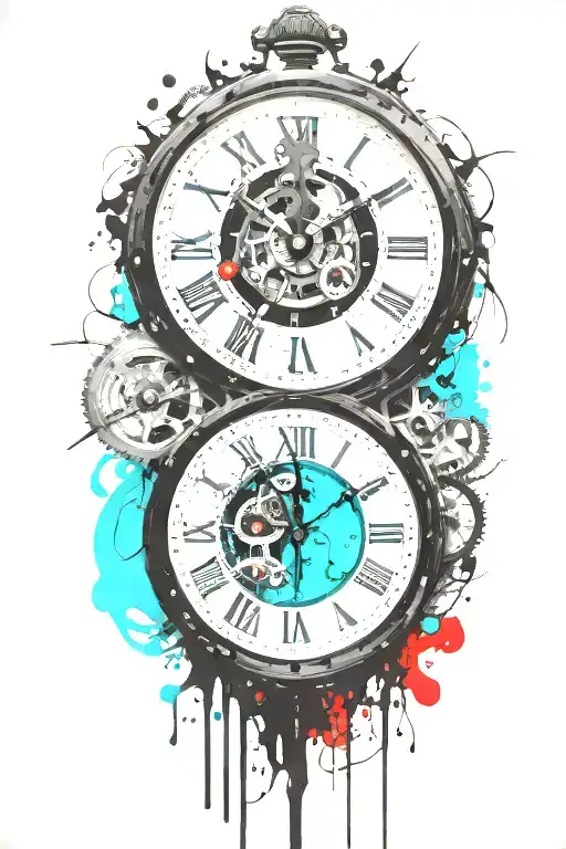 Black And White Clock With Mechanism And Teal Stripe