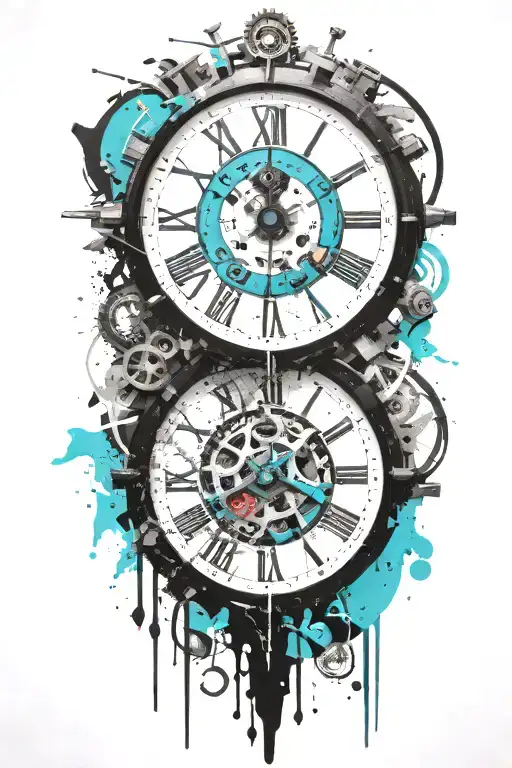 Black And White Clock With Mechanism And Teal Stripe