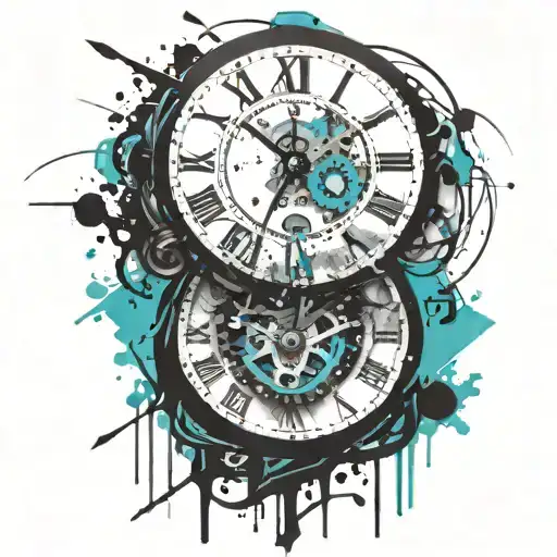 Black And White Clock With Mechanism And Teal Stripe