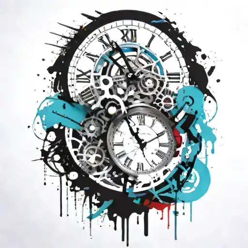 Black And White Clock With Mechanism And Teal Stripe