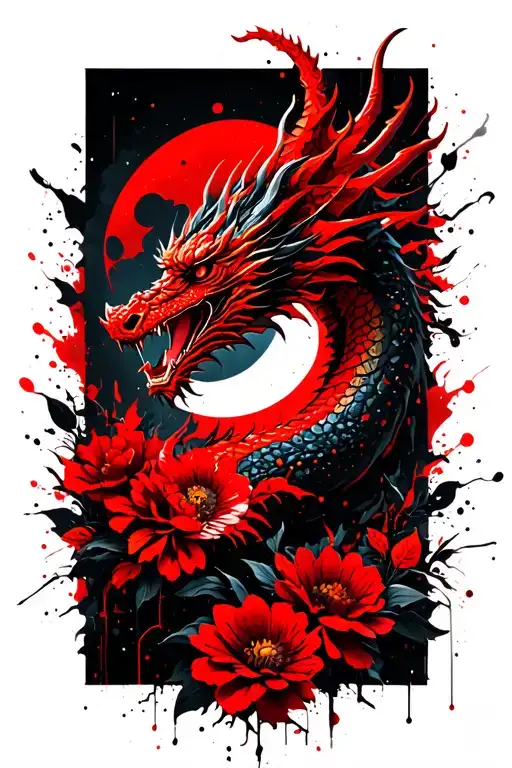 Dragon With Flowers And Moon