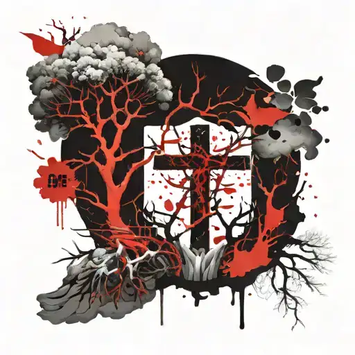 Cross And Tree Chest Tattoo Design