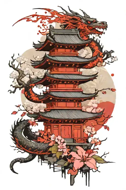 Japanese Temple Surrounded By Cheery Blossom Trees And A Dragon