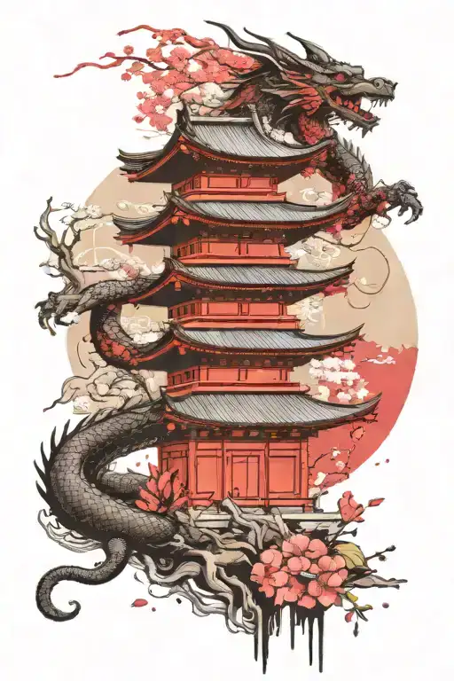 Japanese Temple Surrounded By Cheery Blossom Trees And A Dragon