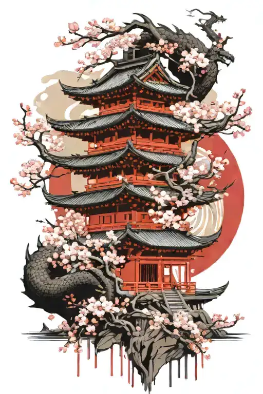Japanese Temple Surrounded By Cheery Blossom Trees And A Dragon