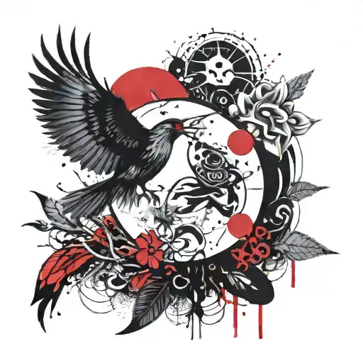 Sun And Moon Combined Together And Birds With A Samurai Underneath