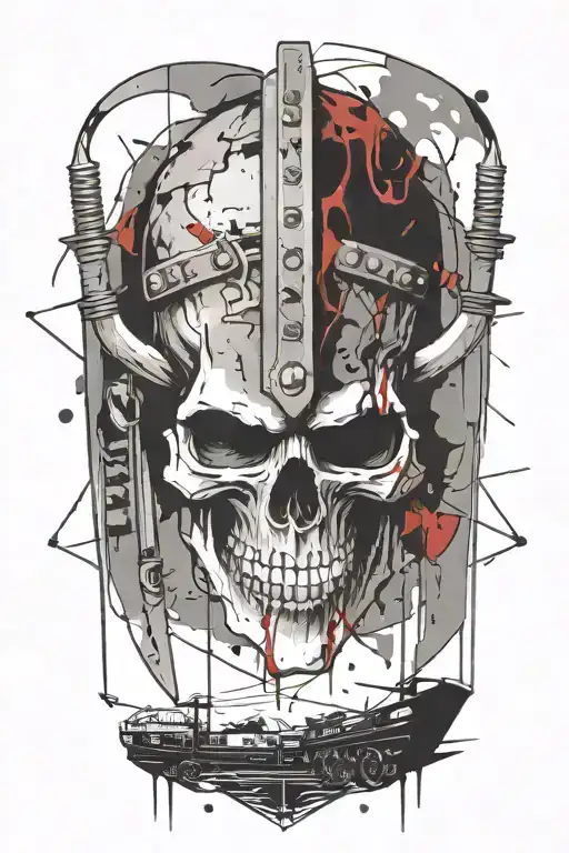 Viking Skull And Swords With A Train In The Background