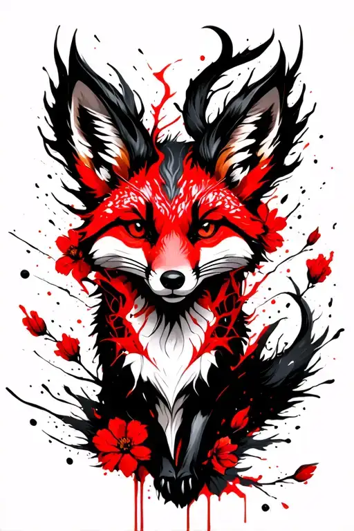 Fox Kitsune With Nine Tails And Red Flowers