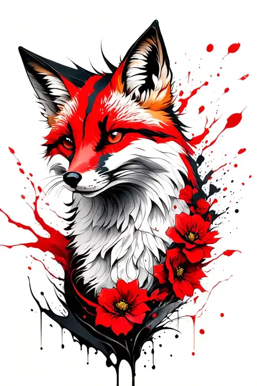 Dynamic Fox Kitsune With Nine Tails And Red Flowers
