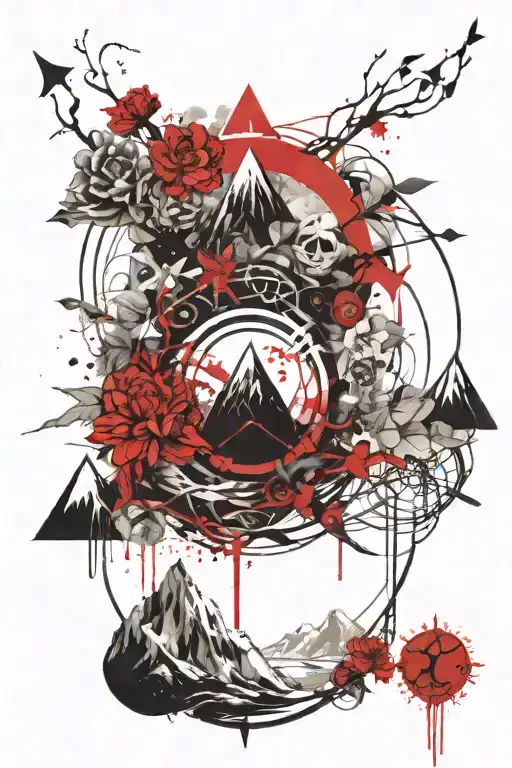 Occult Symbol Intertwined With Mountains And Flowers
