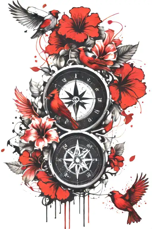 Flying Cardinal Compass Hibiscus Flowers Forearm