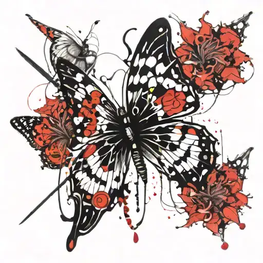 Butterfly With Lycoris Flowers And Katana