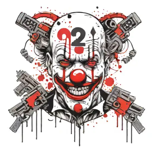 Clown Face Surrounded By Guns And Dollar Signs And Sagitarrius Symbol