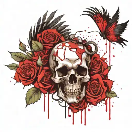 Skull & Roses With Wings Spread