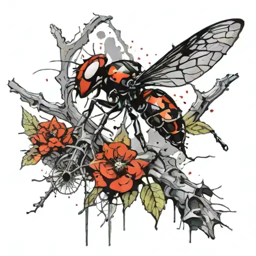 A Black Widow On A Thorny Branch In The Night