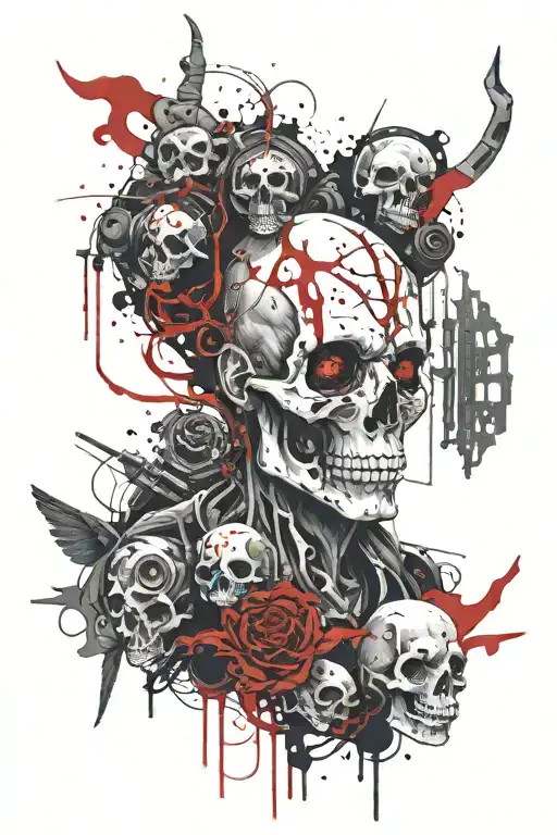 Mythical Alien Being With Multiple Eyes And Skulls And Ruins