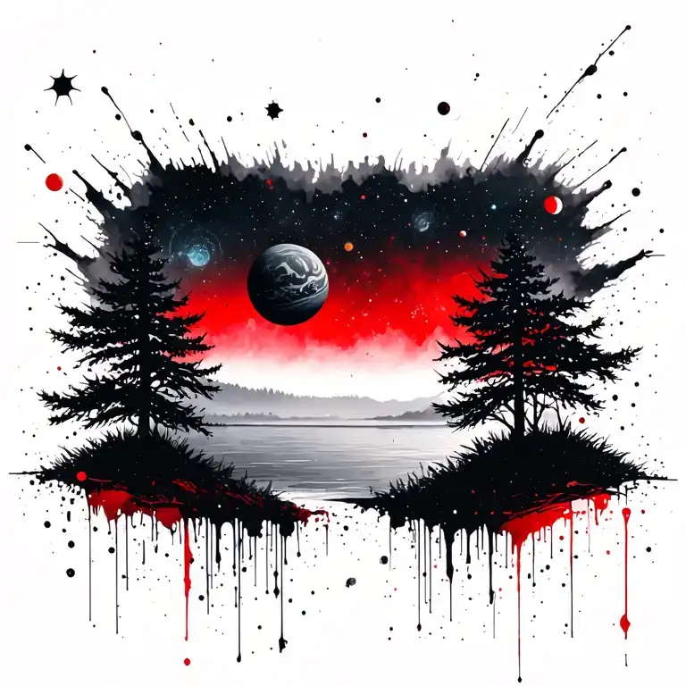 Trees Behind Lake Looking Up To Planets And Stars Forming