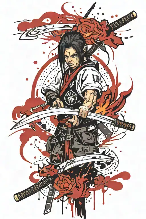 Katana And Flame On Forearm