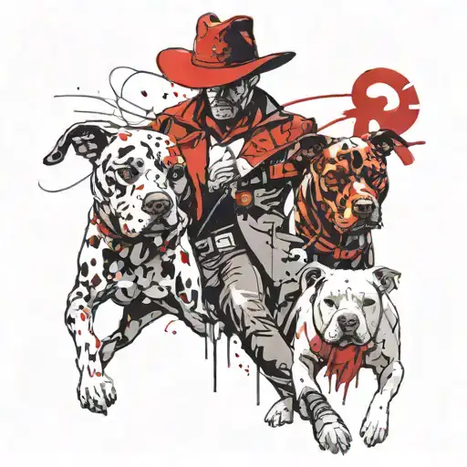 A Futuristic Cowboy Taking Off His Mask And His Pitbull By His Side