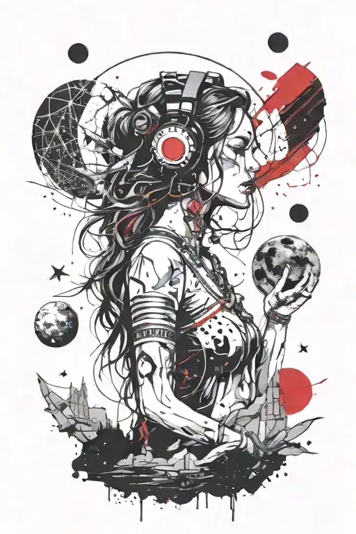 Girl Listening To Music With An Alien Watching The Stars And The Moon In The Mountains