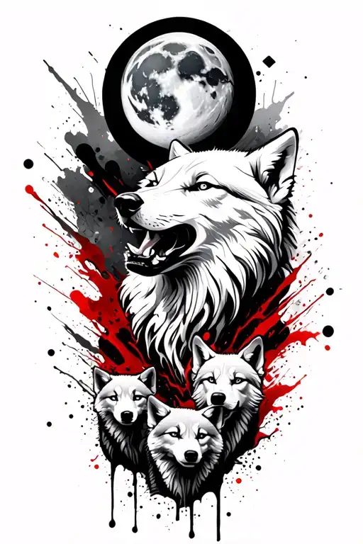 White Wolf Head Howling Moon And Three Wolf Cubs Surrounded