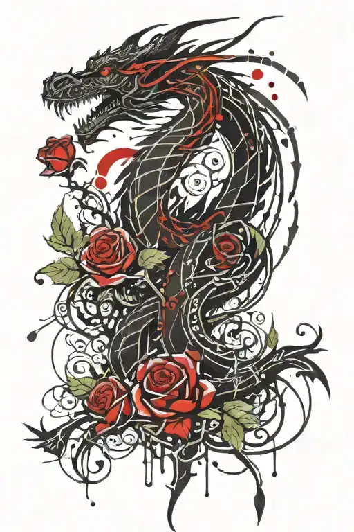 A Tribal Dragon With Red Roses In The Background