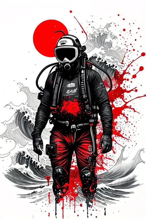 Diver Standing With Japanese Waves In Background