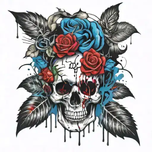 Skull With Blue Rose In Mouth Open Black And White