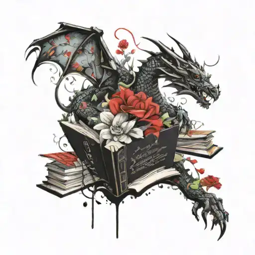 Dragon Protecting Books Surrounded By Flowers Growing