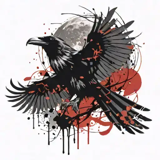 Ravens With Spread Wings And Moon
