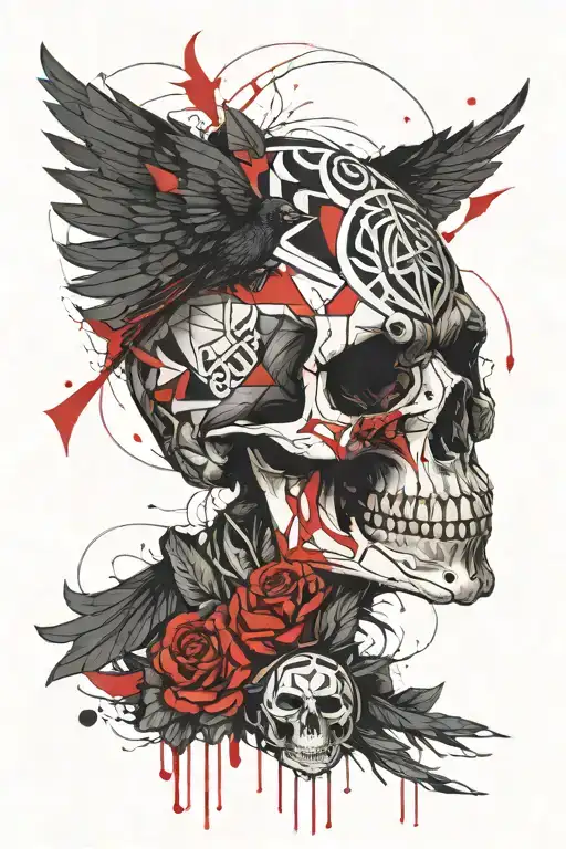 Human Skull Raven Celtic Realism Viking Geometric