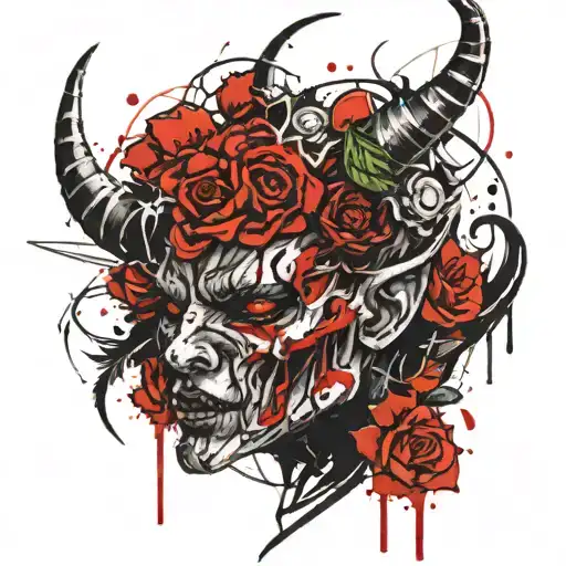Demon Face Horns Flowers Blood