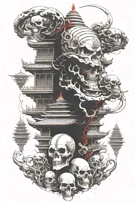 A Buddhist Temple On An Alien Head With Skull Warriors Running Away From It Towards Us