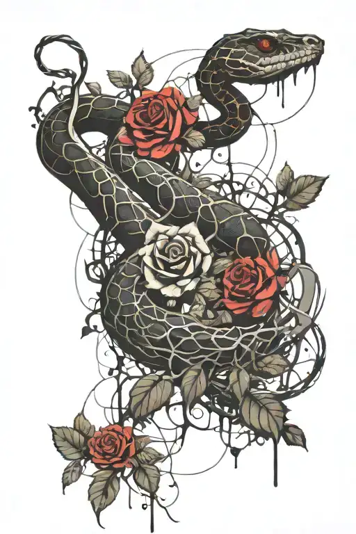 Snake With Tree Vines And Roses