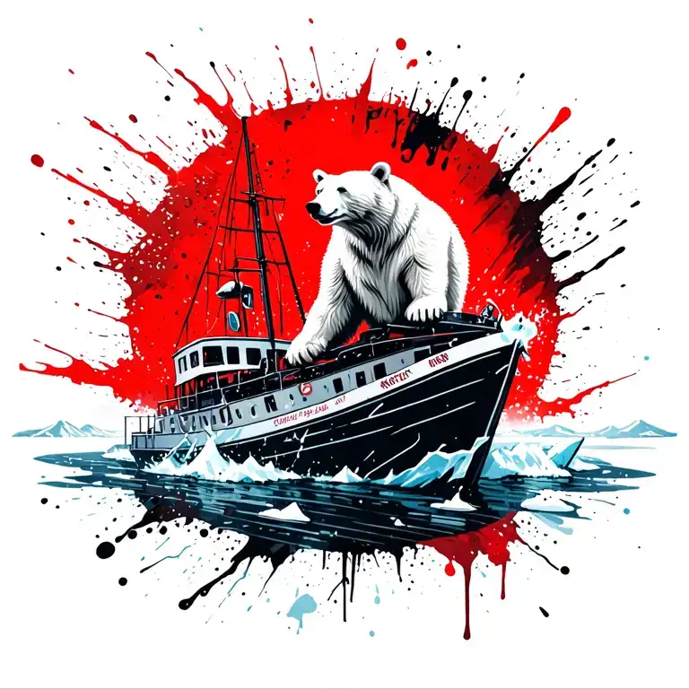 White Bear On An Ice Floe And A Boat Breaking Ice