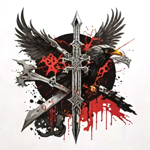 Cross Sword And Vikings Valhala Symbol And Crow