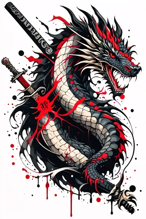 Tattoo On The Entire Forearm Of A Dragon With A Katana And A Japanese