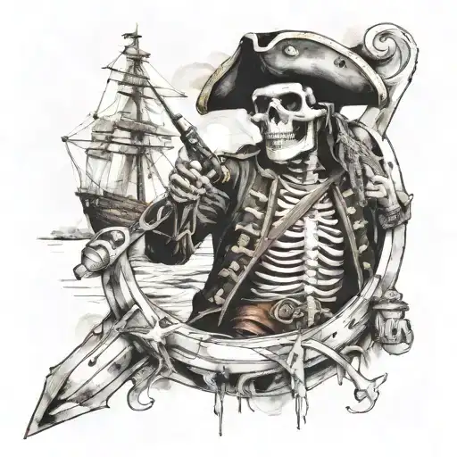 Skeleton Of A Pirate With A Pistol At The Helm Of A Ship
