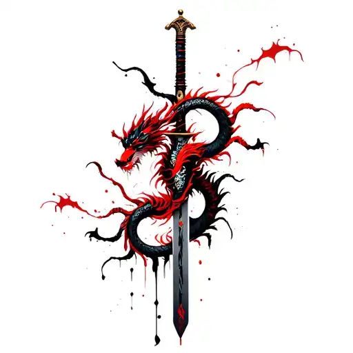 2 Chinese Dragons Intertwining A Sword With Handles