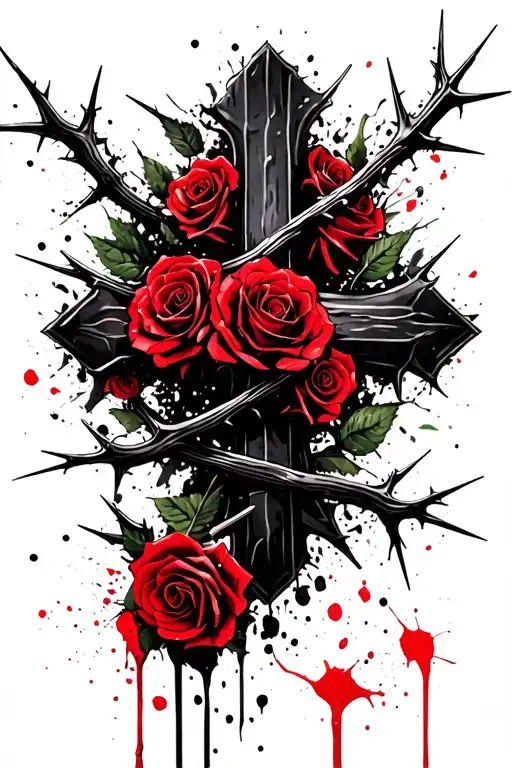 Cross With Thorns Wrapped Around And Roses In The Background
