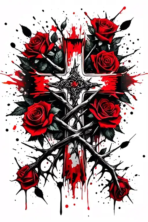 Cross With Thorns Wrapped Around And Roses In The Background But Nonchalant