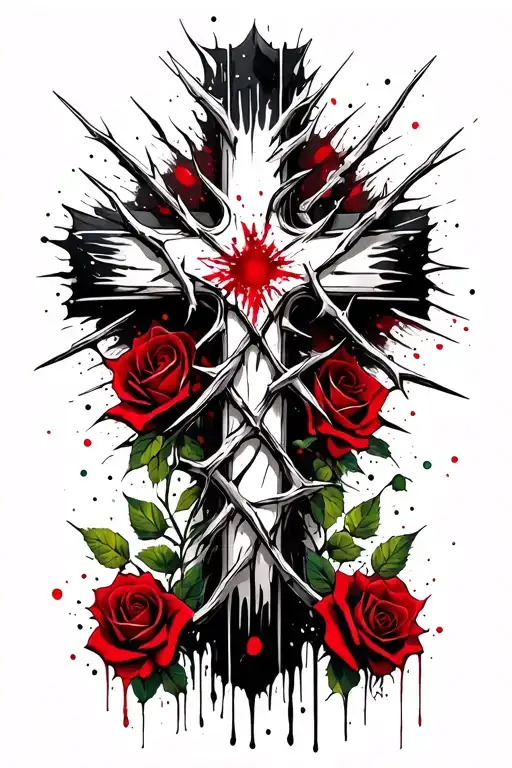 Cross With Thorns Wrapped Around And Roses In The Background But Nonchalant And Easy
