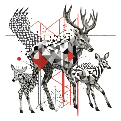 Deer With Three Baby Deer's In Background Black And White With Some Red Elements Geometrical