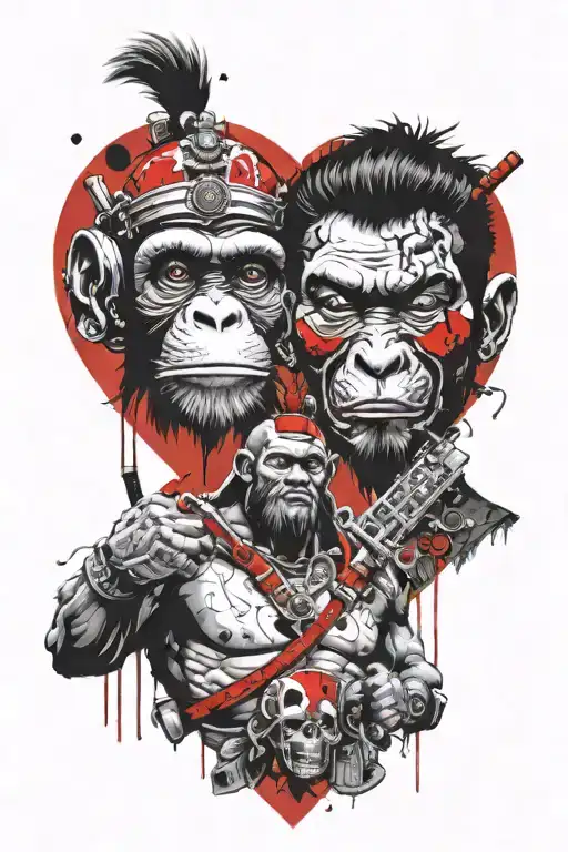 Monkey Heart Surgeon With Samurai Warrior Holding
