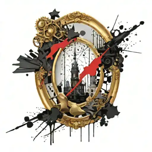 An Oval Gold Framed Mirror With Black Inside The Frame